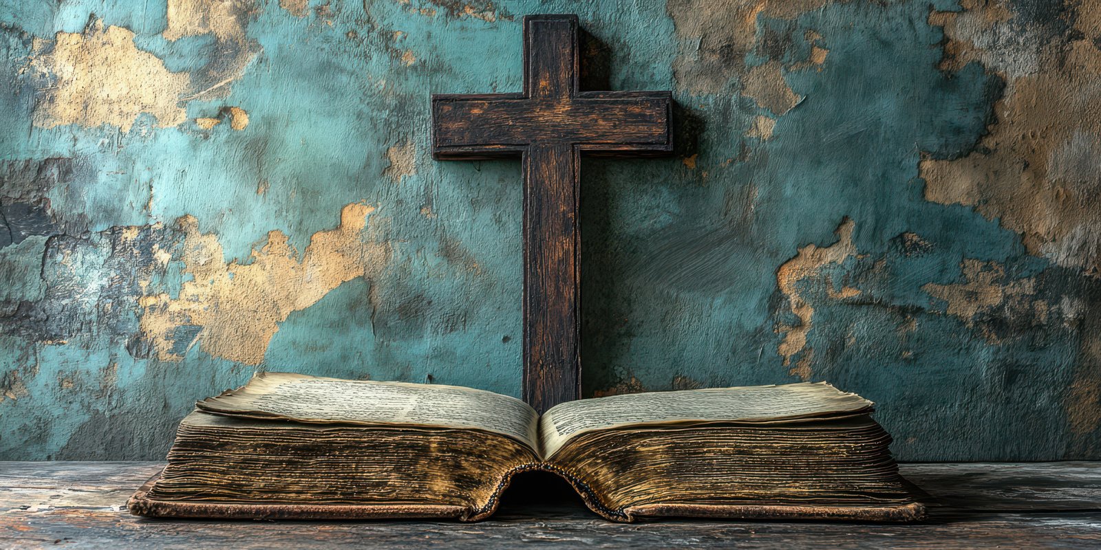 Old book with weathered pages and wooden cross placed on a rustic surface